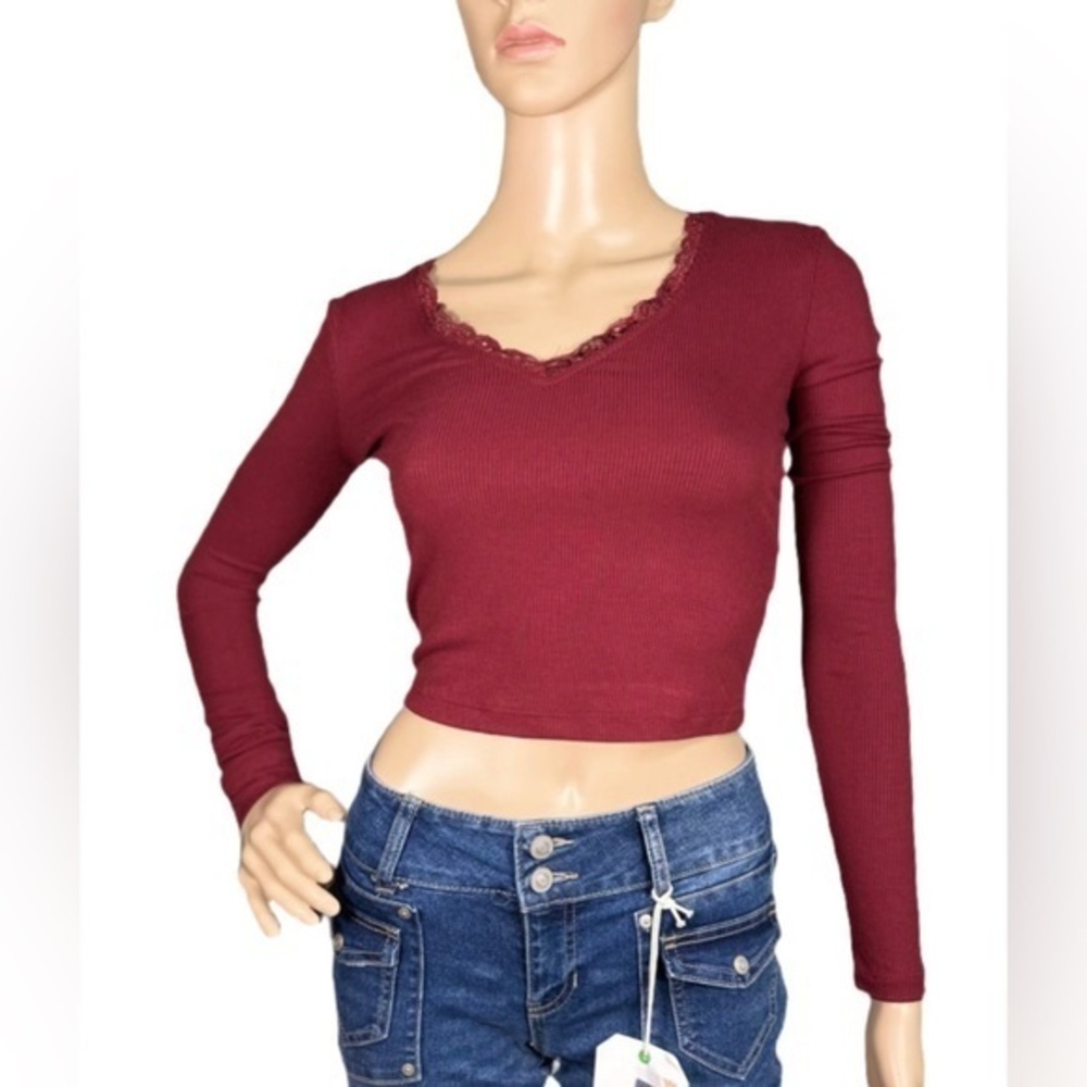 SELF ESTEEM Lace-Trimmed V-Neck Ribbed Top
